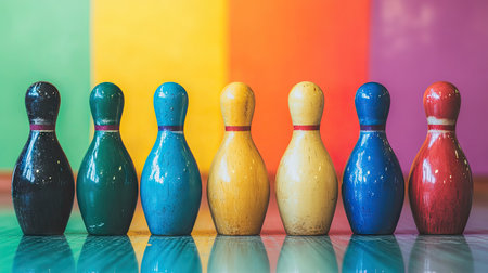 Row of bowling pins being aligned manually, with the colorful lanes stretching into the backgroundの素材