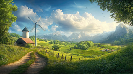 Scenic landscape featuring a traditional windmill and wind turbine on opposite sides of a lush green valleyの素材