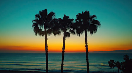 Palm trees in silhouette as the sun sets over a calm ocean, with rich colors of the sky blending togetherの素材