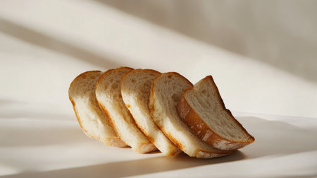 Overlapping slices of toast bread in a natural arrangement, isolated on a bright white background with soft lightingの素材