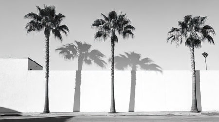 Palm tree shadows projected onto a white wall during a bright and sunny morningの素材