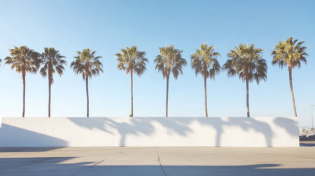 Palm tree shadows projected onto a white wall during a bright and sunny morningの素材