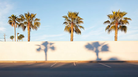 Palm tree shadows projected onto a white wall during a bright and sunny morningの素材