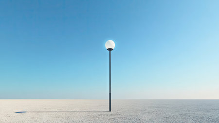 Street lamp with a globe-shaped bulb, centered against a vast expanse of a clear blue skyの素材
