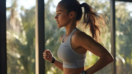 Side profile of a woman running on a treadmill, her smartwatch tracking her workoutの素材