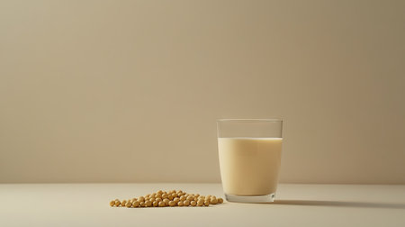 Simplicity and purity captured in a minimalist image of soy milk in a glass and a small handful of soybeans scattered around on a light backgroundの素材