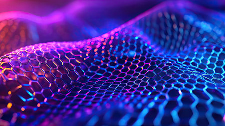Seamless hexagon mesh with vibrant gradients of blue and purple, resembling a technological interfaceの素材