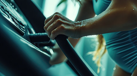 Side view of a female runner's hands gripping the treadmill handles while running, beads of sweat visibleの素材