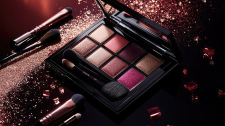 Shimmering eyeshadow pigments spread out from a palette, with brushes and a compact mirror on a glossy surfaceの素材