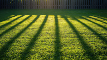Shadows of a fence stretched across a grassy field in the early morning lightの素材