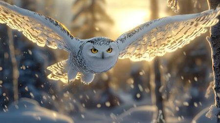 Snowy owl flying toward the camera with wings outstretched, contrasting against a soft, cloudy winter skyの素材