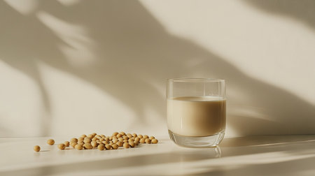 Soy milk poured into a clear glass next to scattered raw soybeans on a neutral backdrop, creating a minimalist, natural aestheticの素材
