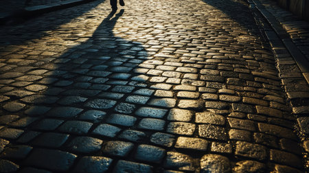 Shadows of a person holding an umbrella stretching across a cobblestone street in the morning sunの素材