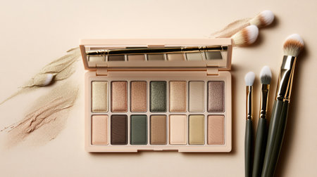 Shimmery and matte eyeshadow palettes in trendy colors, with brushes arranged on a light beige surfaceの素材