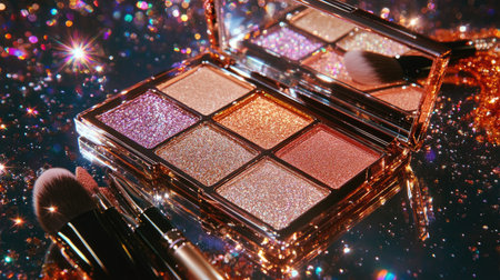 Shimmering eyeshadow pigments spread out from a palette, with brushes and a compact mirror on a glossy surfaceの素材