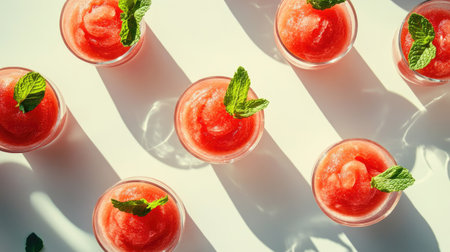 Overhead view of chilled watermelon slushie glasses, decorated with fresh mint and served on a bright white tableの素材