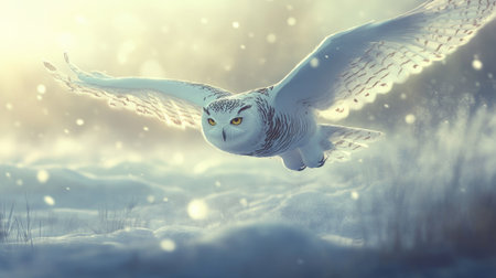 Snowy owl gliding low over snow-covered fields, its sharp eyes focused on the ground, with soft light illuminating its feathersの素材
