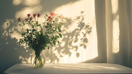 Shadows of flowers in a vase projected onto a white table by the gentle morning sunlightの素材