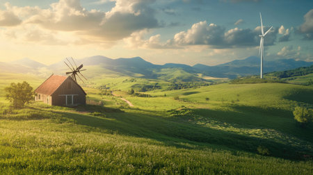 Scenic landscape featuring a traditional windmill and wind turbine on opposite sides of a lush green valleyの素材