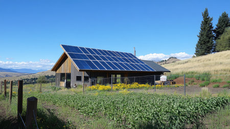 Solar energy installation on a rural property, with panels tilted toward the bright blue sky on a sunny dayの素材
