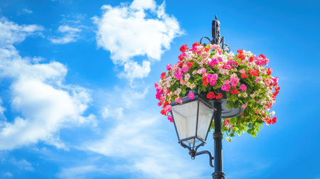 Street lamp adorned with hanging flower baskets, standing against a bright and cheerful blue skyの素材
