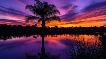 Palm tree silhouette with a stunning sunset sky of deep purples and oranges, reflecting on calm waterの素材
