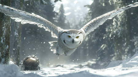 Snowy owl flying low over a snowy forest, its sharp talons extended as it approaches its preyの素材