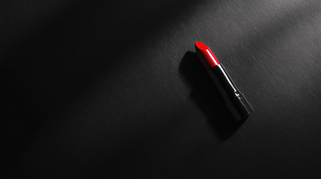 Single lipstick with a satin-finish tip, resting on a black background with sharp, dramatic shadowsの素材