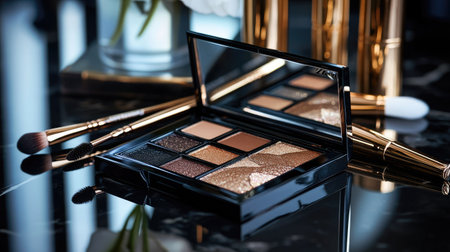 Shimmering eyeshadow pigments spread out from a palette, with brushes and a compact mirror on a glossy surfaceの素材