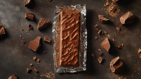 Rich milk chocolate bar wrapped in foil, unwrapped slightly to reveal the glossy surface, surrounded by chocolate piecesの素材