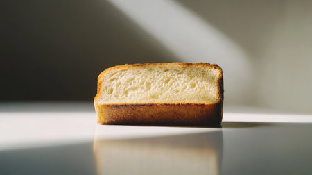 Single piece of toasted bread with even browning, resting on a clean white surface with minimalistic lightingの素材