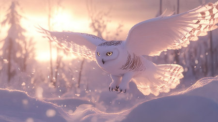 Snowy owl gliding low over snow-covered fields, its sharp eyes focused on the ground, with soft light illuminating its feathersの素材