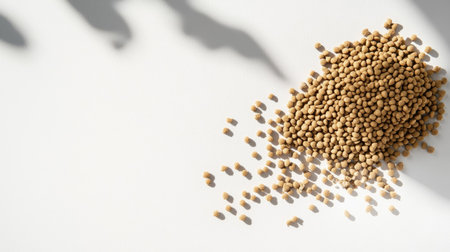 Top-down view of dry dog food pellets in a small, natural pile on a white background with soft shadowsの素材