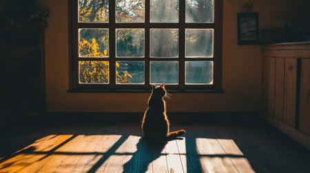 Silhouette of a cat sitting by a window, with long shadows extending into a sunlit roomの素材