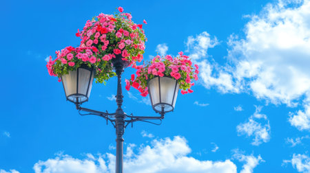 Street lamp adorned with hanging flower baskets, standing against a bright and cheerful blue skyの素材