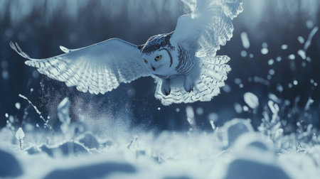 Snowy owl flying close to the ground, leaving a soft trail in the snow beneath as it scans for movementの素材