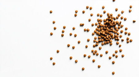 Scattered heap of dry dog food in various sizes and shapes, isolated on a pure white background for a crisp, minimal lookの素材