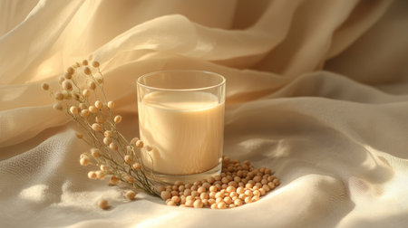 Soybeans arranged next to a glass of soy milk on a soft fabric backdrop, creating a minimalist and healthy atmosphere with soft lightingの素材