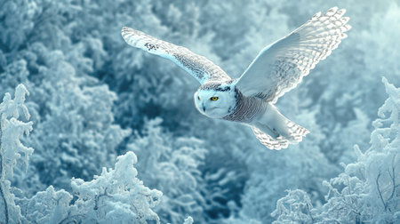 Snowy owl flying near the treetops of a frosty forest, blending perfectly with the wintry environmentの素材