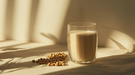Sleek and minimalist shot of soy milk in a glass with a few soybeans placed beside it, set against a soft, neutral backdropの素材