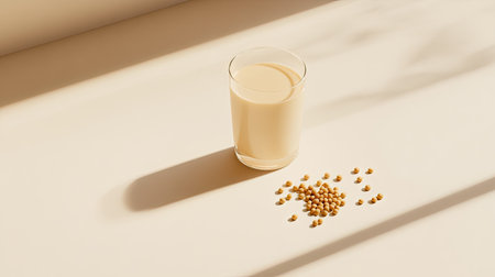 Simplicity and purity captured in a minimalist image of soy milk in a glass and a small handful of soybeans scattered around on a light backgroundの素材