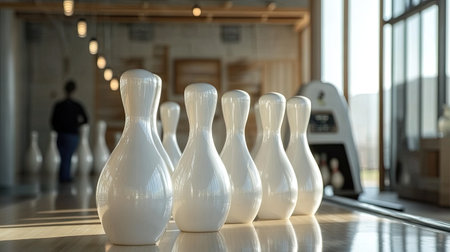 Side view of a person aligning bowling pins with care, with the bowling ball return visible in the backgroundの素材