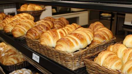 Rows of buttery croissants in a bakery's display case, surrounded by baskets of fresh bread and other pastriesの素材