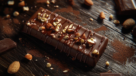 Sweet chocolate bar with nuts and caramel, surrounded by melted chocolate drops and sprinkled cocoa powder on a dark wooden tableの素材