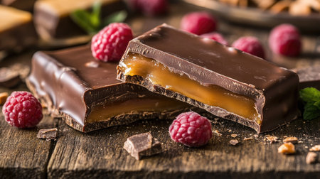 Sliced pieces of a creamy chocolate bar with a gooey caramel center, resting on a rustic wooden surface surrounded by sweet treatsの素材