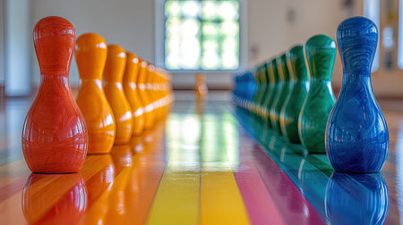 Row of bowling pins being aligned manually, with the colorful lanes stretching into the backgroundの素材