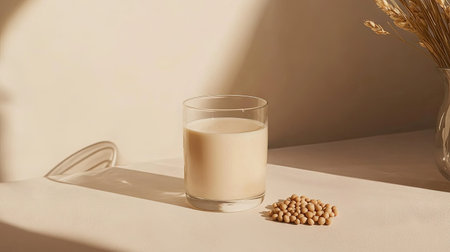 Sleek and minimalist shot of soy milk in a glass with a few soybeans placed beside it, set against a soft, neutral backdropの素材