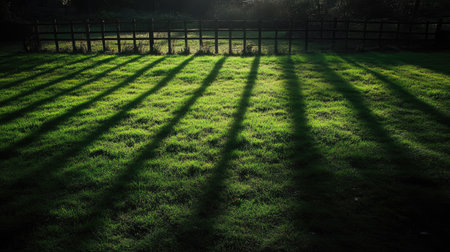 Shadows of a fence stretched across a grassy field in the early morning lightの素材