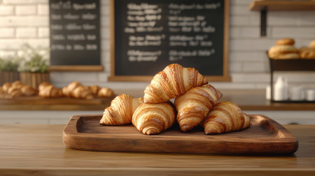 Stack of fresh croissants on a wooden tray, displayed on a bakery counter with a chalkboard menu in the backgroundの素材