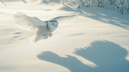 Snowy owl in flight, its wings casting a shadow on the snow-covered ground beneathの素材